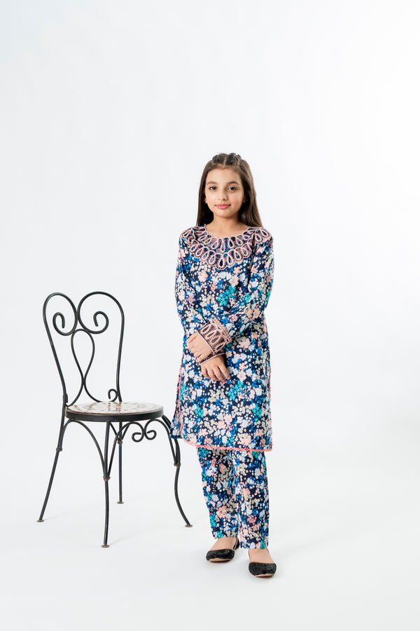 Girls Blue Printed Embroidered Eid Outfit – 2-Piece Shirt & Trouser Coord Suit Set