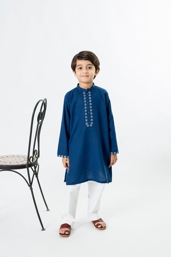 Boys Blue Embroidered Kurta – Ban Collar Outfit for Eid 2025