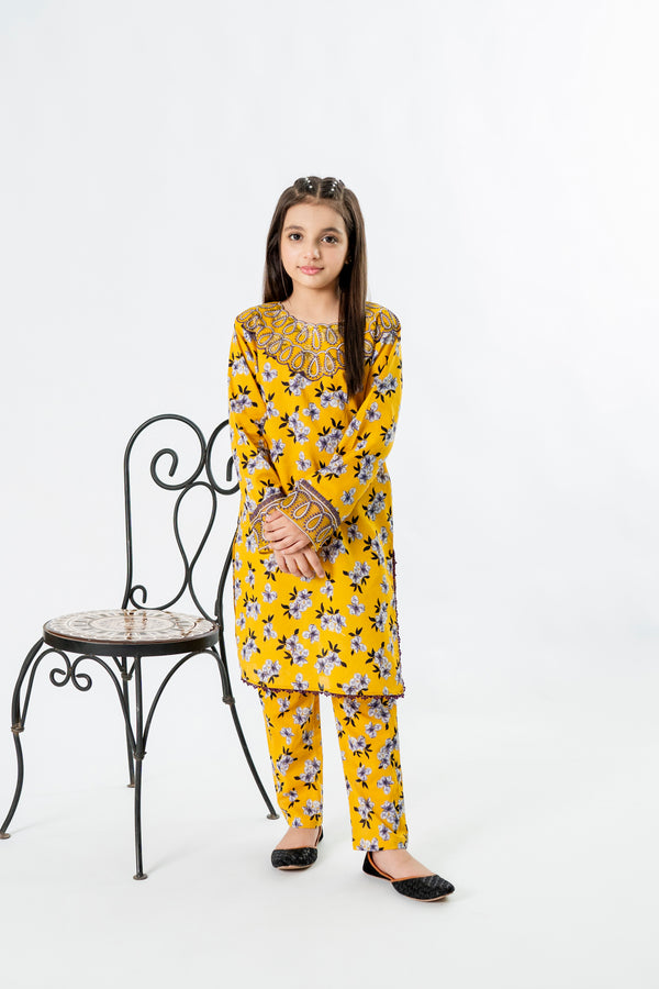 Girls Yellow Printed Embroidered Eid Outfit – 2-Piece Shirt & Trouser Coord Suit Set