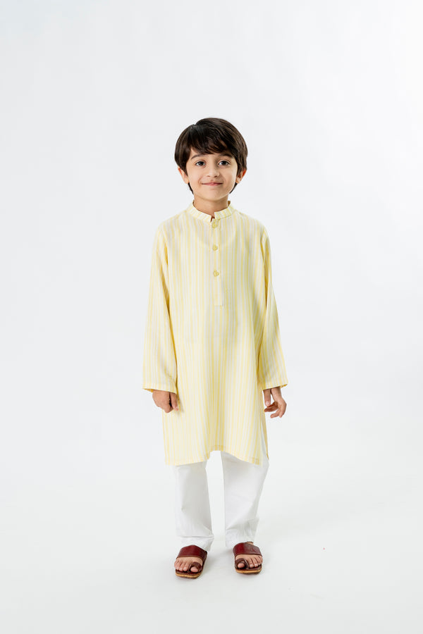 Boys Yellow Printed Kurta – Ban Collar Outfit for Eid 2025