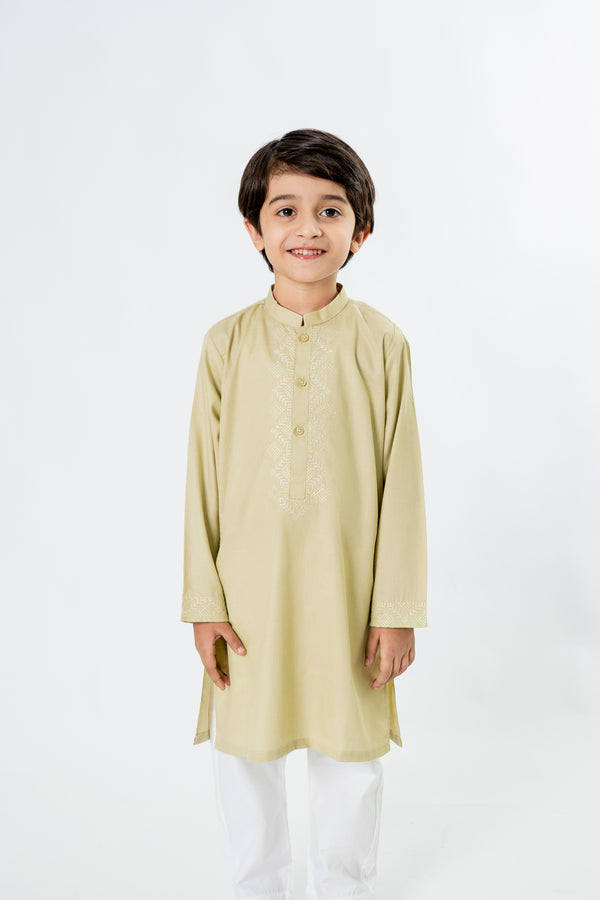 Boys Pistachio Green Embroidered Kurta – Ban Collar Outfit for Eid 2025