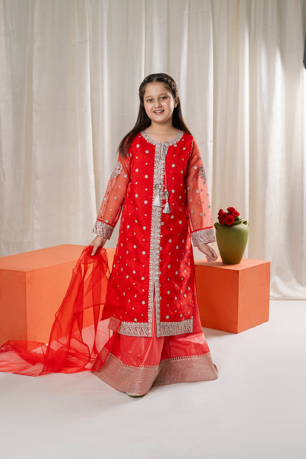 Girls Red Embroidered Eid V-1  Outfit – 3-Piece Shirt, Lehanga , and Dupatta Suit Set