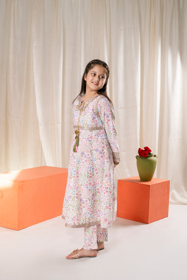 Girls White Floral Embroidered Eid V-1  Outfit – 3-Piece Shirt, Trouser , and Dupatta Suit Set