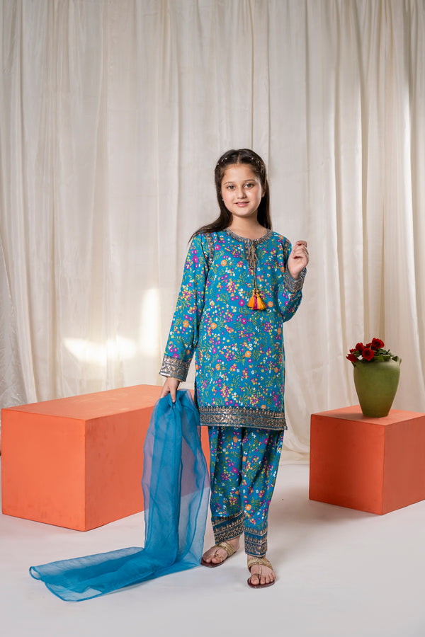 Girls Teal Blue Embroidered Eid V-1  Outfit – 3-Piece Shirt, Shalwar , and Dupatta Suit Set