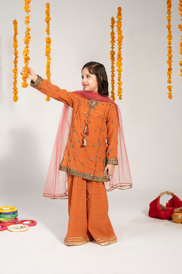 Girls Rust Orange Embroidered  Outfit – 3-Piece Shirt,Sharara, and Dupatta Suit Set