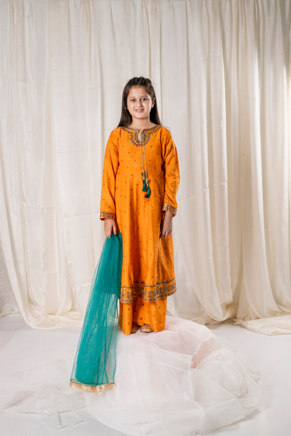 Girls Mustard Yellow Embroidered Eid V-1  Outfit – 3-Piece Shirt, Trouser , and Dupatta Suit Set