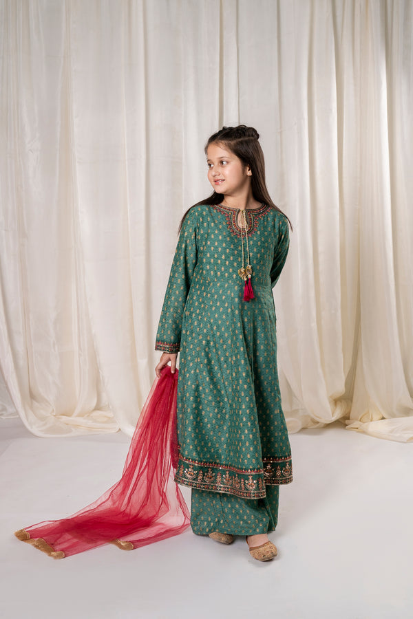 Girls Green Embroidered Eid V-1  Outfit – 3-Piece Shirt, Trouser , and Dupatta Suit Set