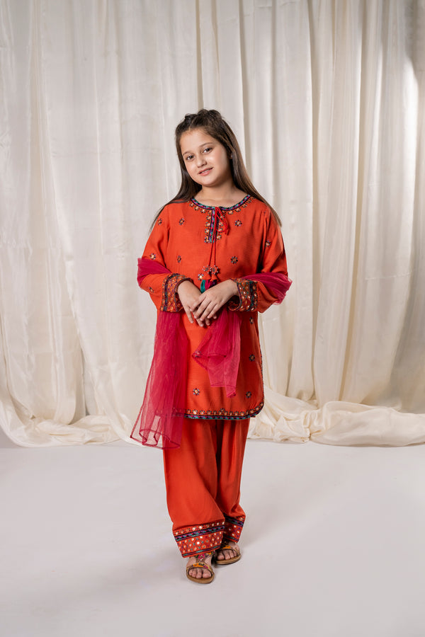 Girls Rust Orange Embroidered Eid V-1  Outfit – 3-Piece Shirt, Shalwar , and Dupatta Suit Set