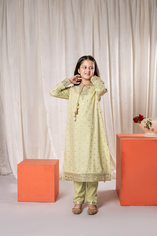 Girls Pistachio Green Embroidered Eid V-1  Outfit – 3-Piece Shirt, Trouser, and Dupatta Suit Set