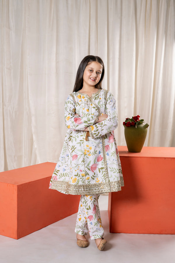 Girls White Embroidered Printed Floral Eid V-1 Outfit – 3-Piece Shirt, Trouser, and Dupatta Suit Set