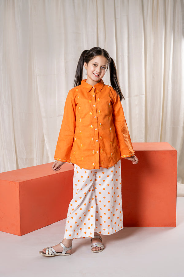 Girls Orange Embroidered Eid V-1 Outfit – 2-Piece Coord Suit Set